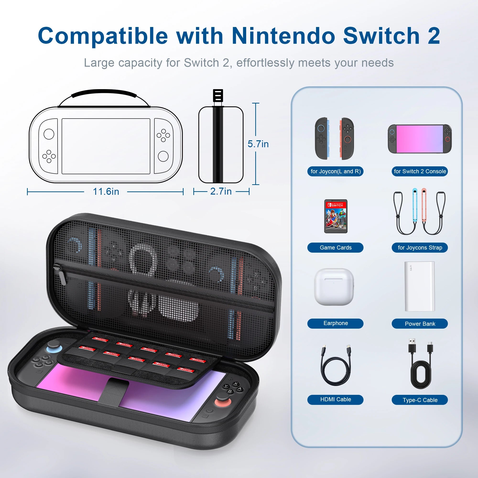 Switch 2 Carrying Case, Large Storage Bag for Console & Accessories - PU Leather Protective Pouch with High Capacity