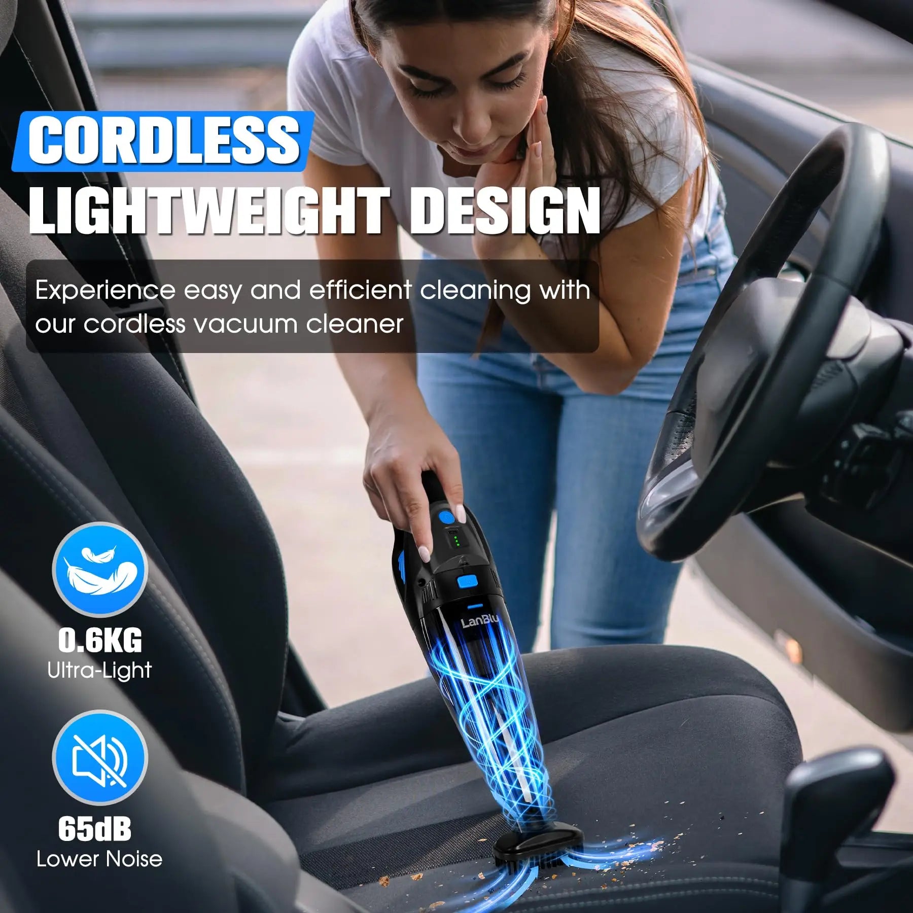 Wet and Dry Vacuum Cleaner for Cars 18000Pa Wireless Portable Cleaner with 2000mAh*2 Battery