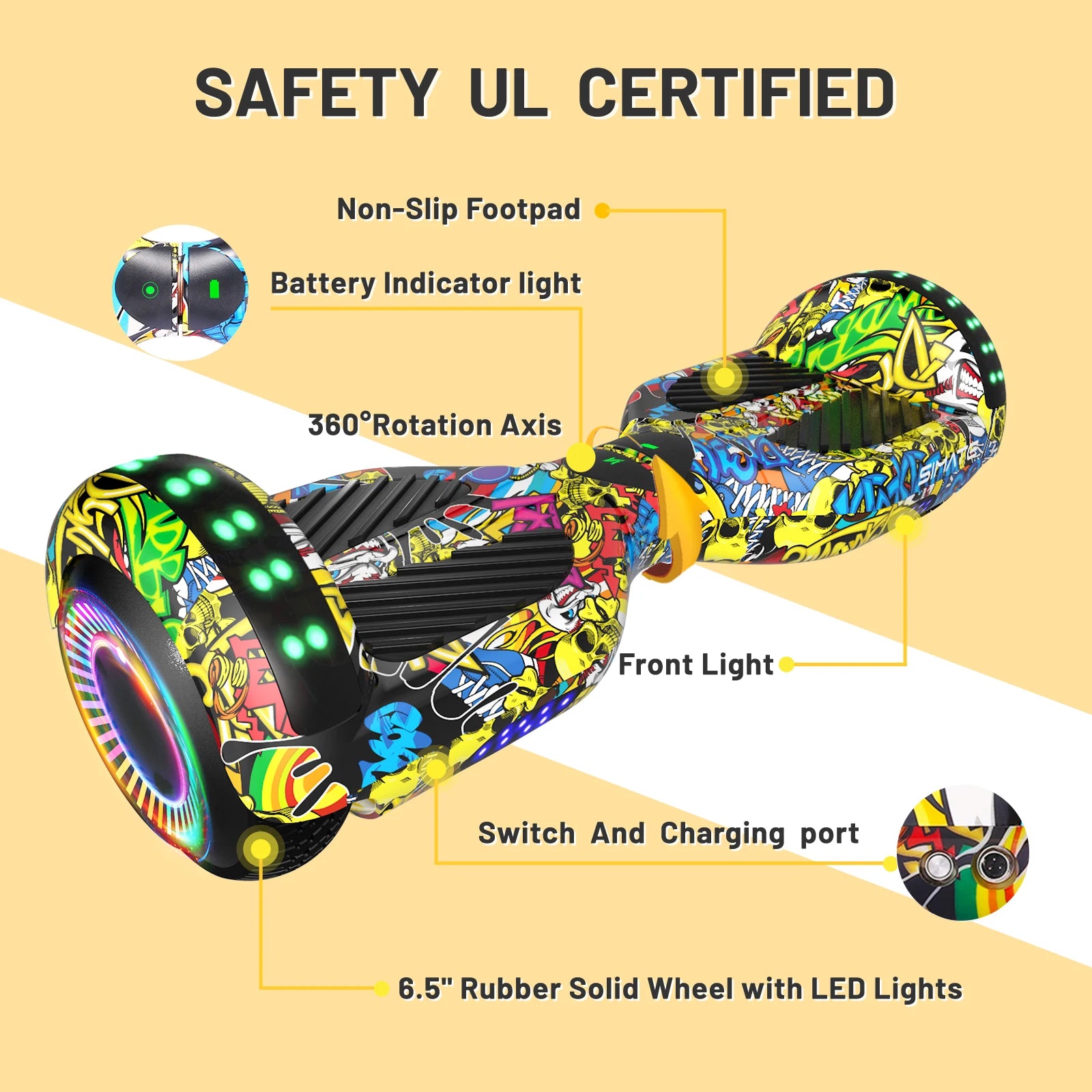 Hoverboard for Kids Ages 6-12, 6.5" Self Balancing Scooter, UL2272  Bluetooth Speaker,  Electric Hover Board Gift for Boys Girls