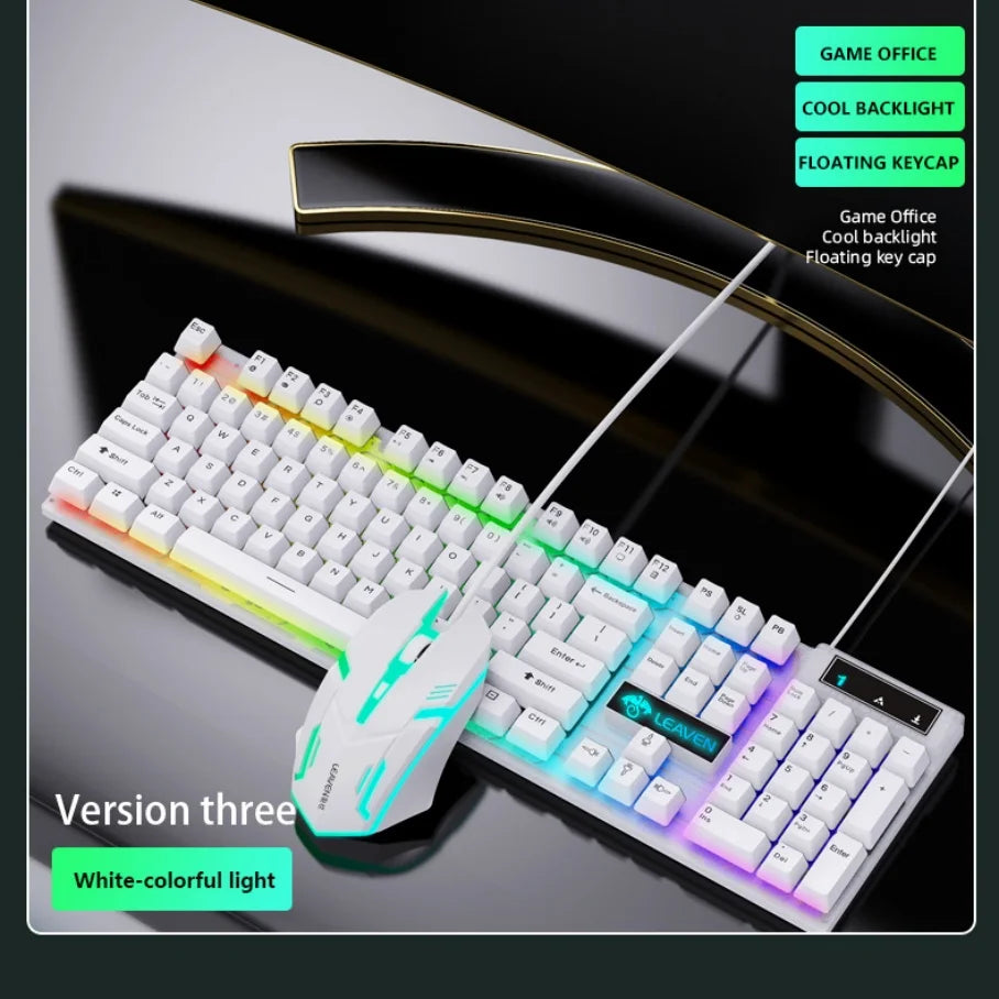 LEAVEN D320 Backlit Gaming Keyboard and Mouse Set Transparent Character Light Games USB Wired Keyboard and Mouse