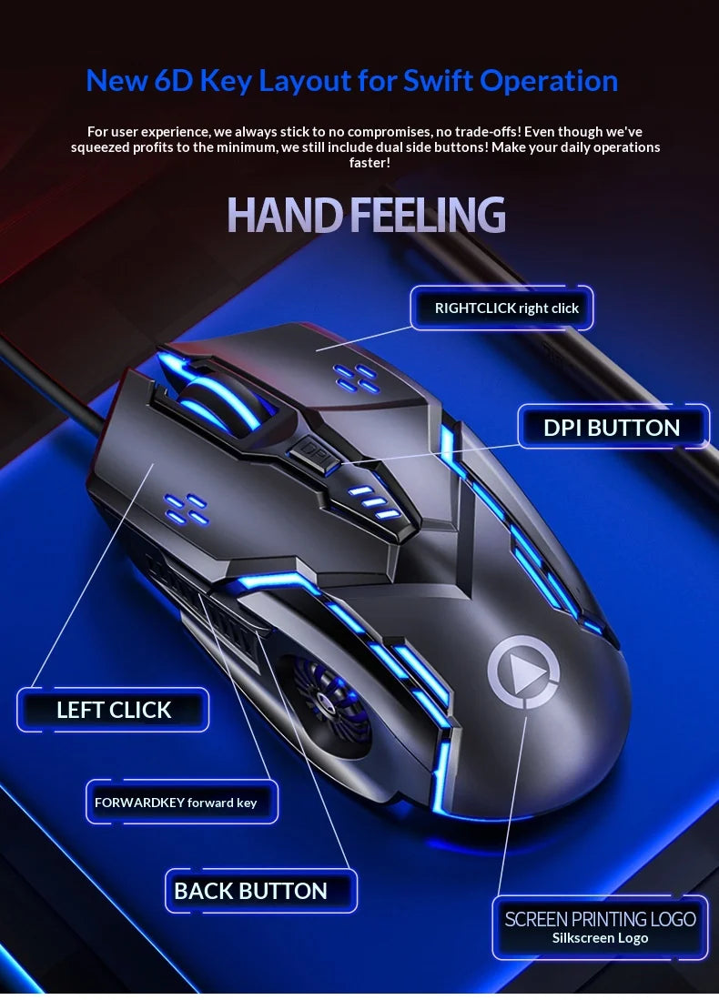 Silver Carving G5 USB Right-Handed Wired Gaming Mouse Luminous Logo Design 6 Buttons Ergonomic Laptop Computer Accessories