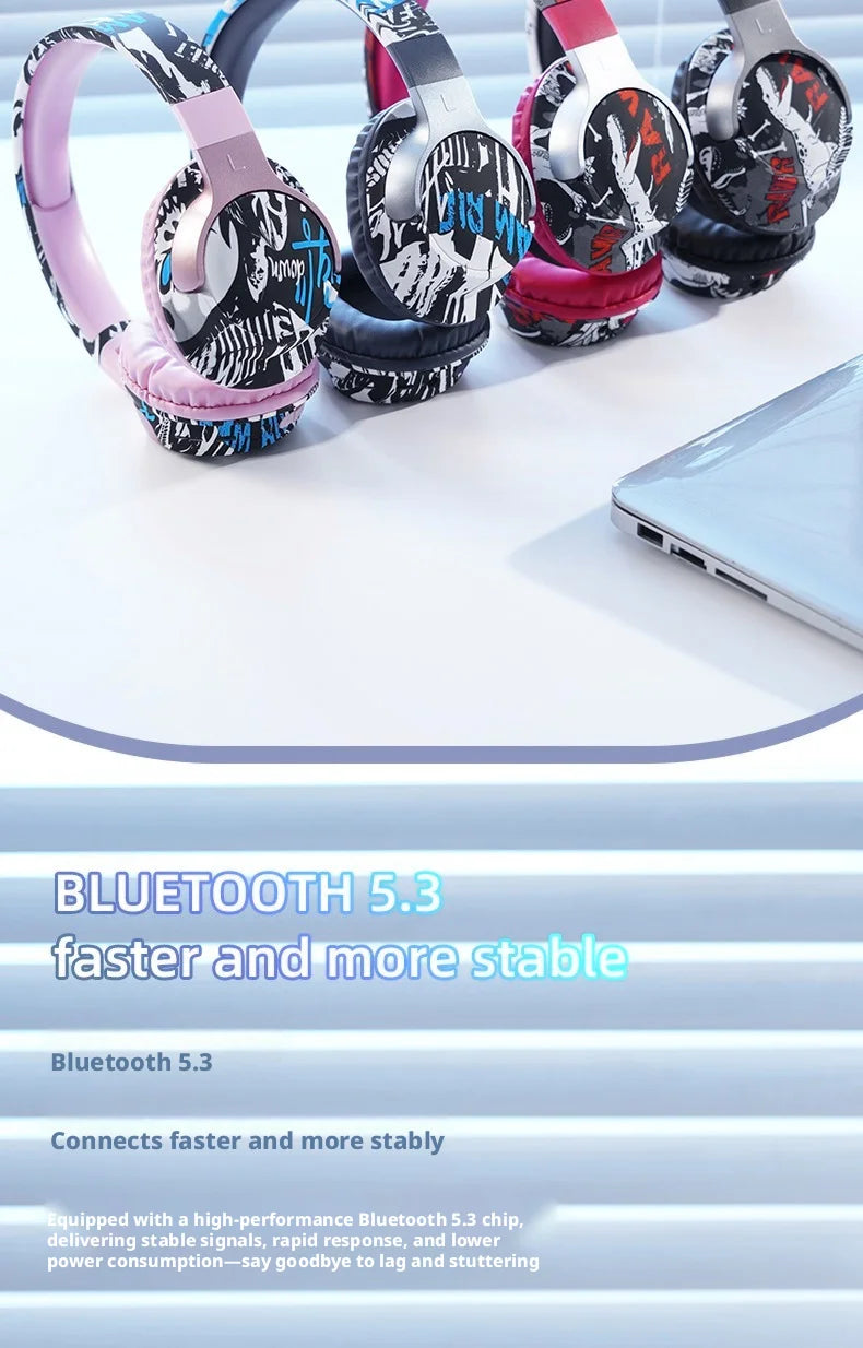 Cool Graffiti BT5.3 Dynamic Driver Headset Low Latency Surround Sound Foldable IPX4 Waterproof Universal for Mobile Phone
