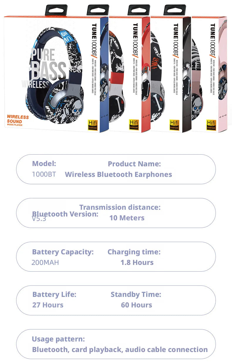 Cool Graffiti BT5.3 Dynamic Driver Headset Low Latency Surround Sound Foldable IPX4 Waterproof Universal for Mobile Phone