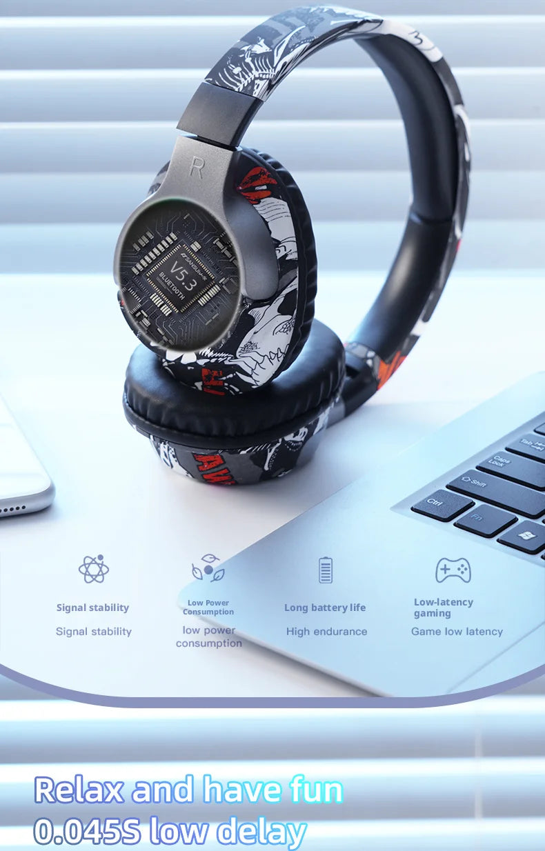 Cool Graffiti BT5.3 Dynamic Driver Headset Low Latency Surround Sound Foldable IPX4 Waterproof Universal for Mobile Phone