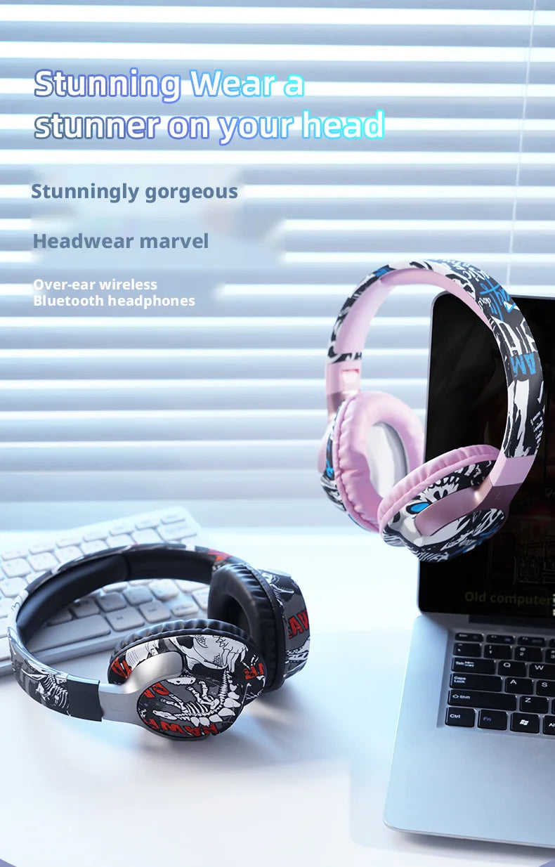 Cool Graffiti BT5.3 Dynamic Driver Headset Low Latency Surround Sound Foldable IPX4 Waterproof Universal for Mobile Phone