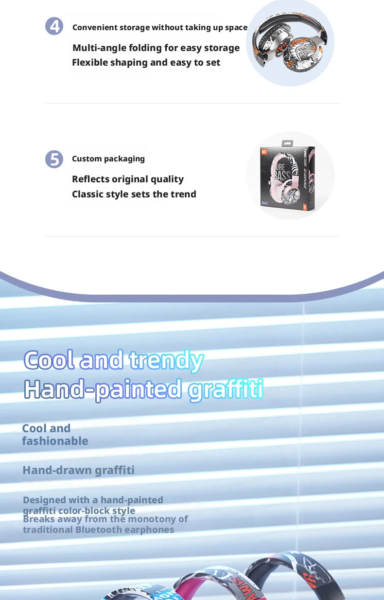 Cool Graffiti BT5.3 Dynamic Driver Headset Low Latency Surround Sound Foldable IPX4 Waterproof Universal for Mobile Phone