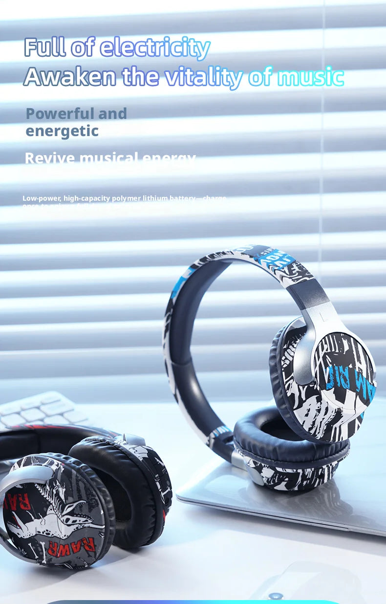 Cool Graffiti BT5.3 Dynamic Driver Headset Low Latency Surround Sound Foldable IPX4 Waterproof Universal for Mobile Phone