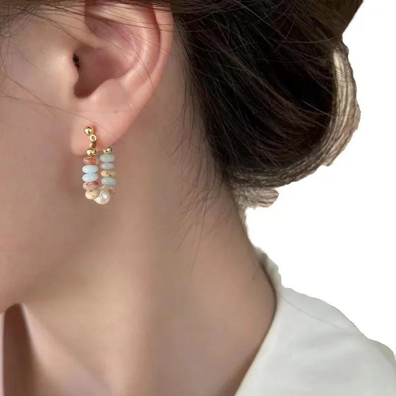Chic Colorful Stone Beaded Hoop Earrings For Women Sweet Gold Color Metal Earrings Korean Daily Wear Jewelry