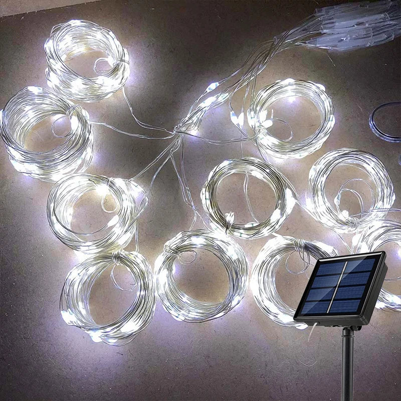 Solar LED Curtain Light Outdoor Garland Solar Fairy String Light Pavilion Garden Party Holiday Christmas Decor Copper Wire Lamps