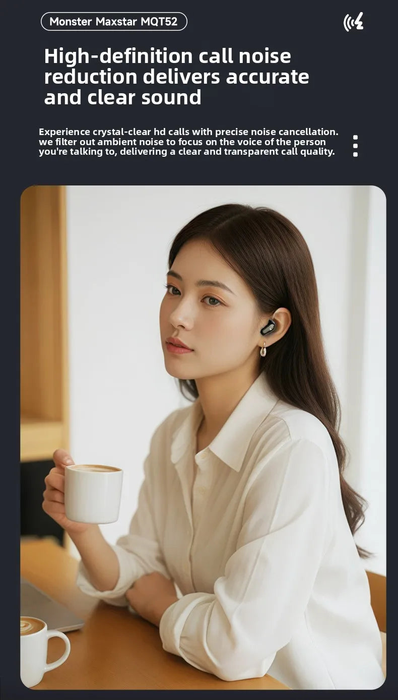 New Monster MQT52 TWS Wireless Bluetooth 5.4 Headset HIFI Stereo Music Gaming Earphones Talking Noise Canceling Earbuds