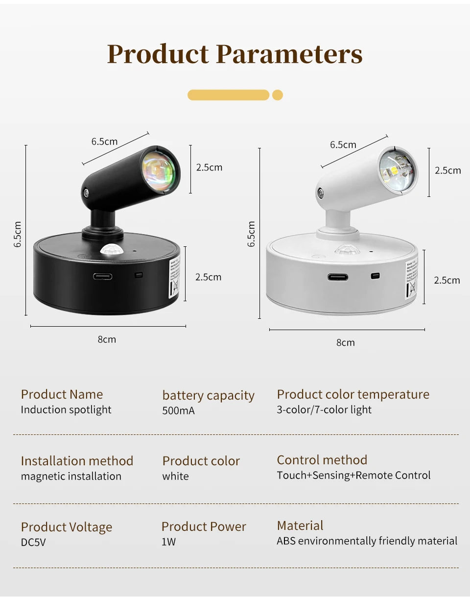 RGB Magnetic Wall Lamp Rotatable Spotlight 3Colors Touch Dimmable with Remote Control Rechargeable Motion Sensor LED Night Light