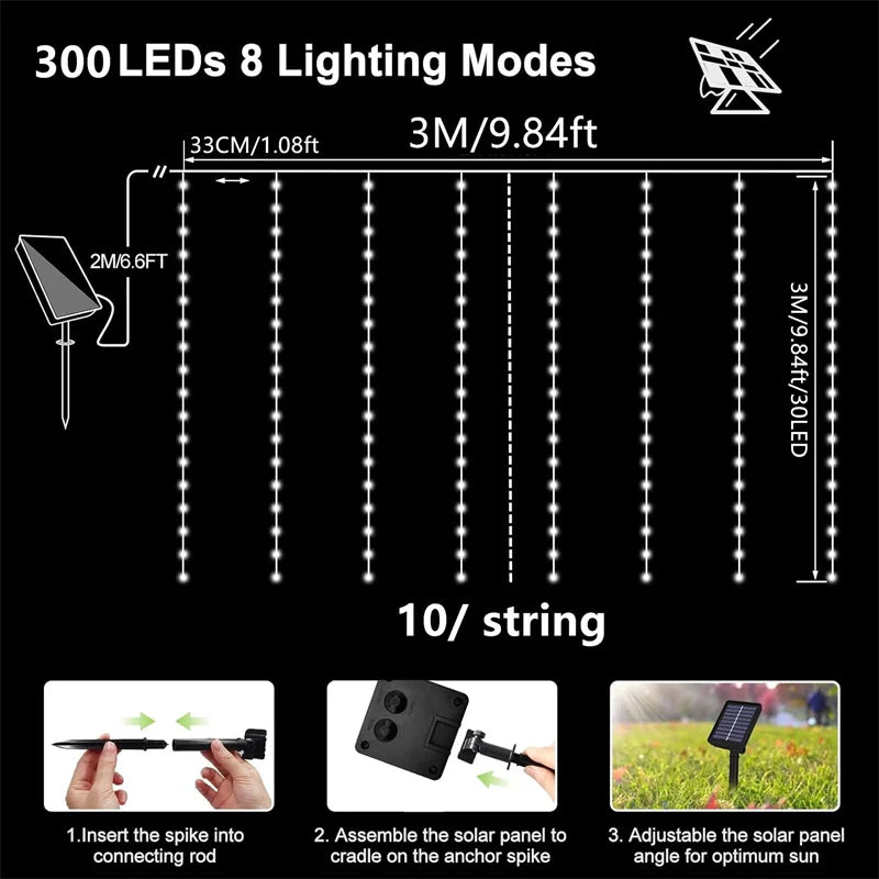 Solar LED Curtain Light Outdoor Garland Solar Fairy String Light Pavilion Garden Party Holiday Christmas Decor Copper Wire Lamps