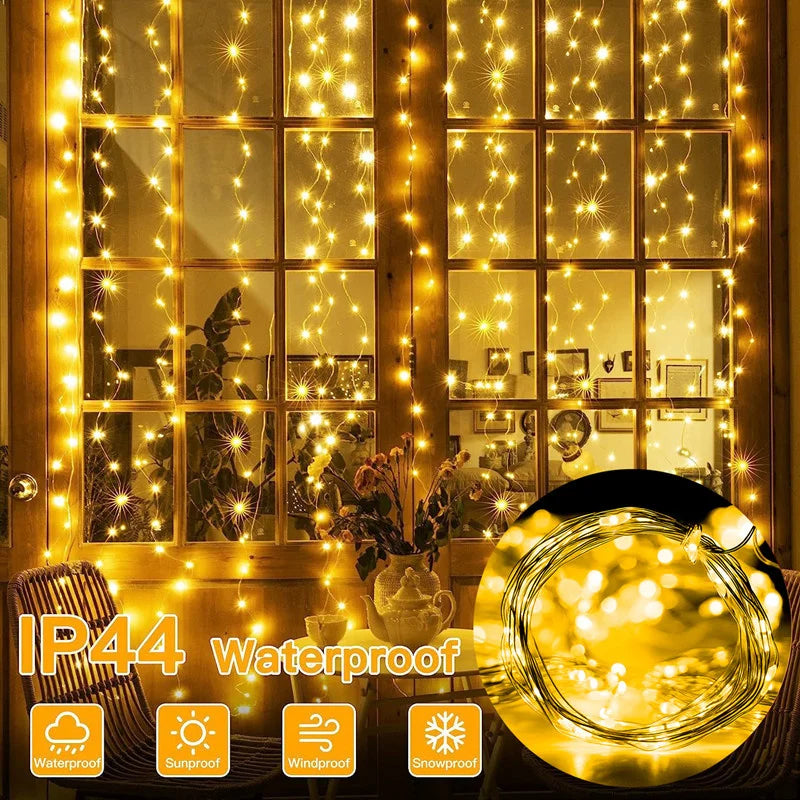 Solar LED Curtain Light Outdoor Garland Solar Fairy String Light Pavilion Garden Party Holiday Christmas Decor Copper Wire Lamps