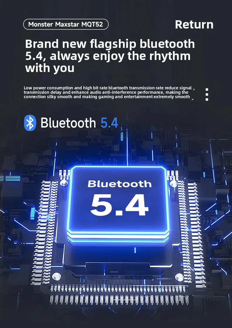 New Monster MQT52 TWS Wireless Bluetooth 5.4 Headset HIFI Stereo Music Gaming Earphones Talking Noise Canceling Earbuds