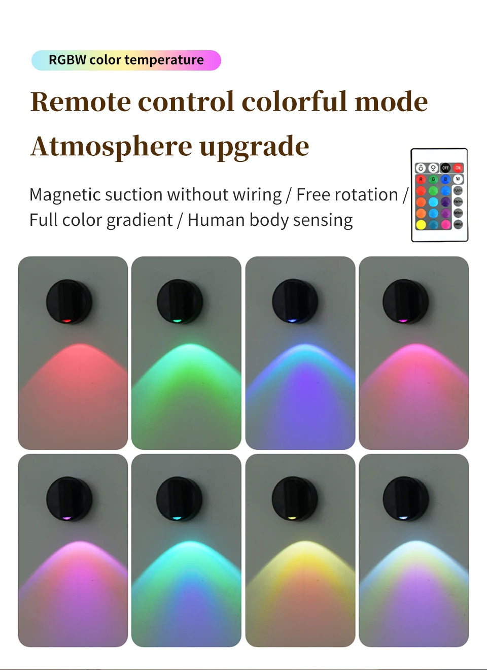 RGB Magnetic Wall Lamp Rotatable Spotlight 3Colors Touch Dimmable with Remote Control Rechargeable Motion Sensor LED Night Light