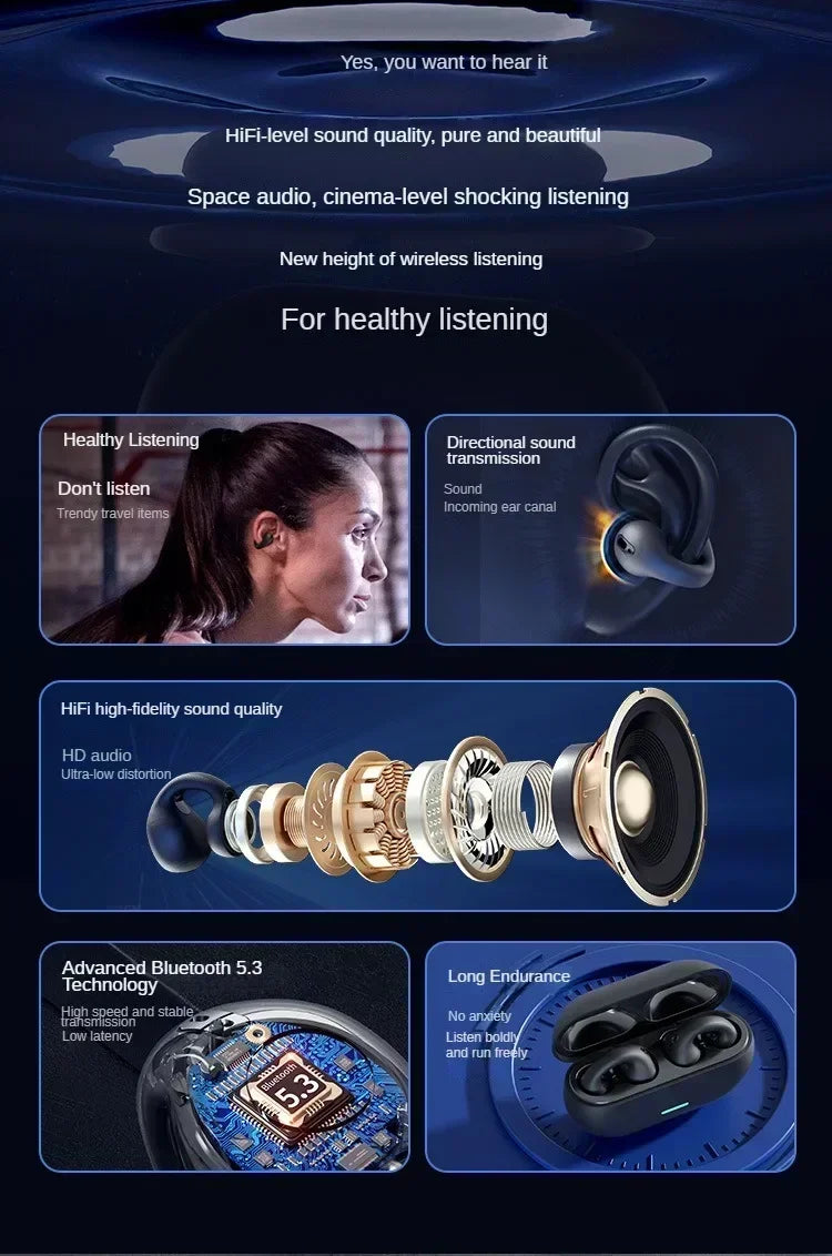 T75 Wireless Bluetooth 5.3 Bone Conduction Headphones Clip Ear Music Noise Canceling Headset HD Call Sports Gaming Earphone