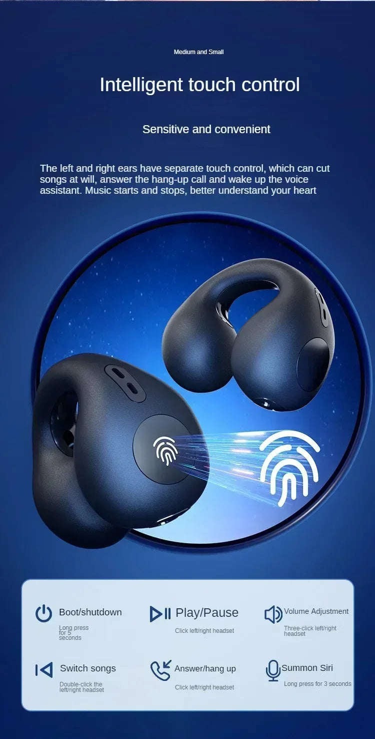 T75 Wireless Bluetooth 5.3 Bone Conduction Headphones Clip Ear Music Noise Canceling Headset HD Call Sports Gaming Earphone