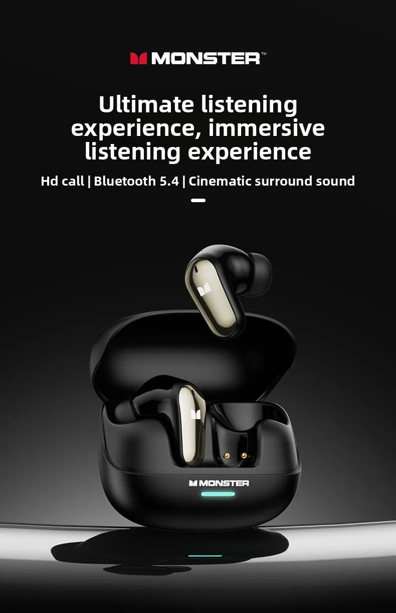 New Monster MQT52 TWS Wireless Bluetooth 5.4 Headset HIFI Stereo Music Gaming Earphones Talking Noise Canceling Earbuds