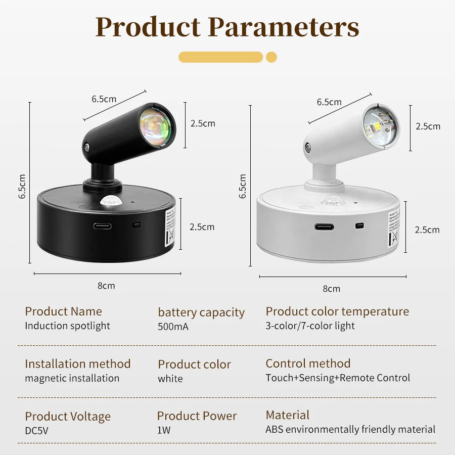 RGB Magnetic Wall Lamp Rotatable Spotlight 3Colors Touch Dimmable with Remote Control Rechargeable Motion Sensor LED Night Light